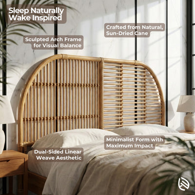 Wicker headboard with text highlighting features on a neutral background