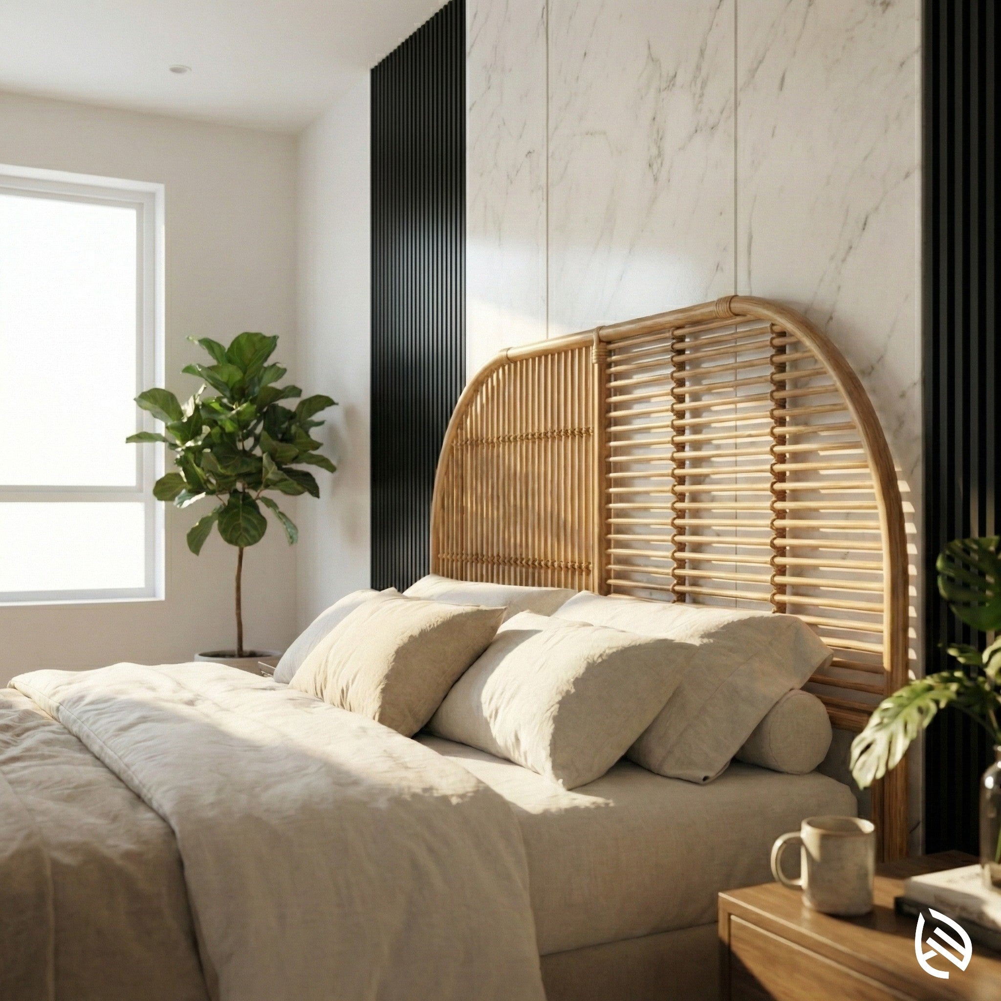 Bedroom with a rattan headboard, pillows, and a plant.