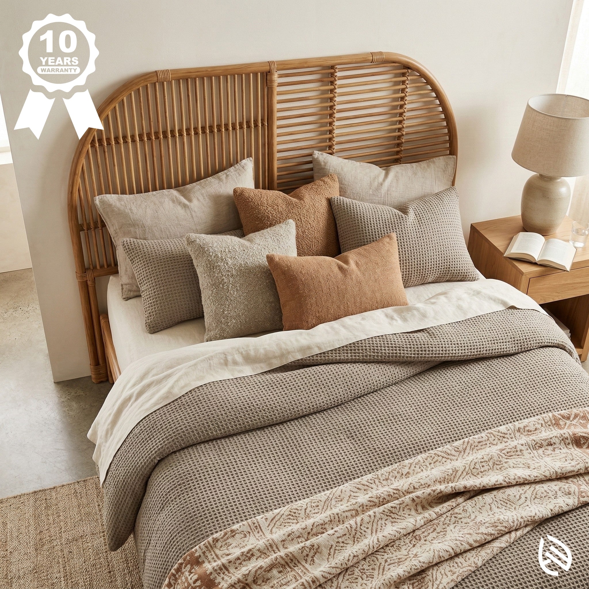 Bedroom with a bed featuring a wicker headboard and layered bedding.