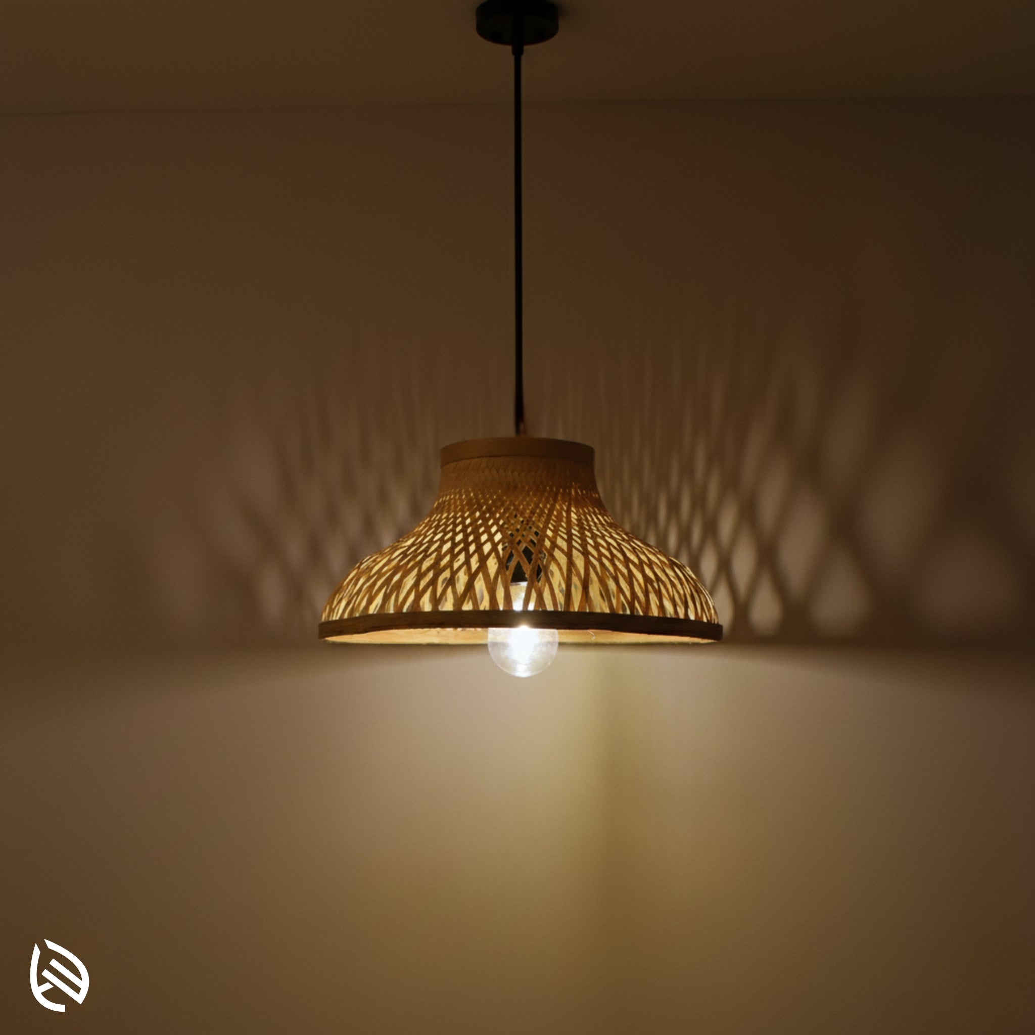 EcoLoom bamboo hanging lamp at night casting lattice shadows; flared cane shade with exposed bulb.