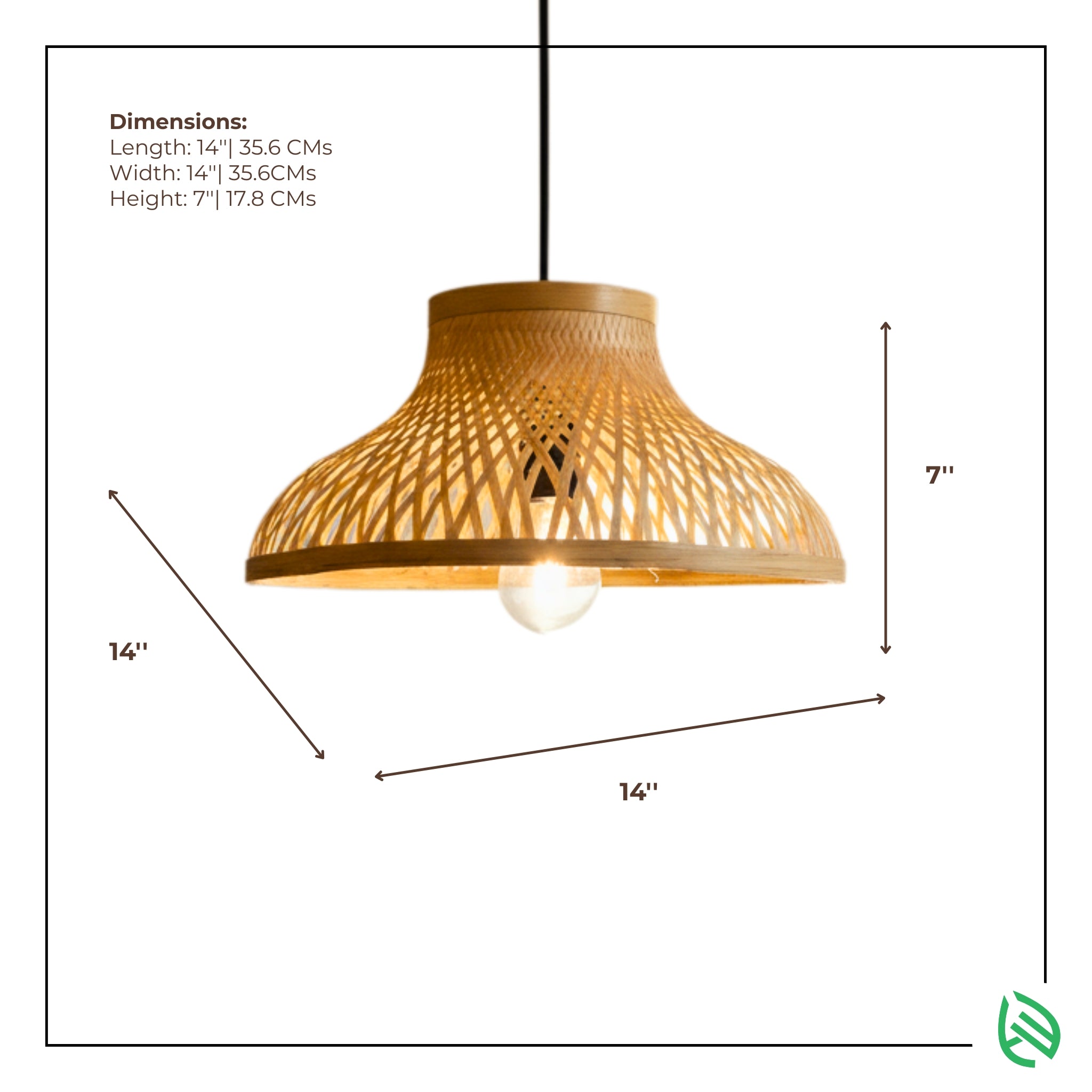 Dimensions graphic: EcoLoom flared bamboo pendant 14 x 14 x 7 inches with measurement arrows.