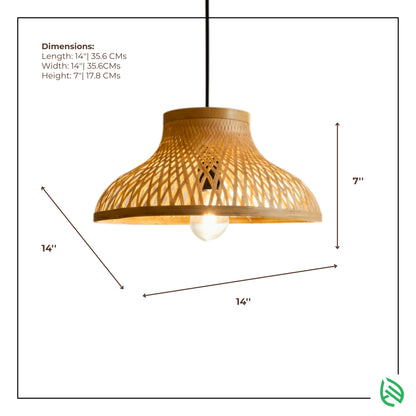 Dimensions graphic: EcoLoom flared bamboo pendant 14 x 14 x 7 inches with measurement arrows.