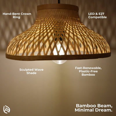 Feature graphic showing hand-bent crown ring, sculpted wave shade, LED and E27 compatibility.