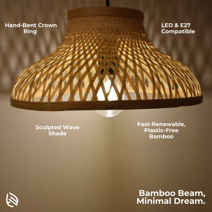 Feature graphic showing hand-bent crown ring, sculpted wave shade, LED and E27 compatibility.