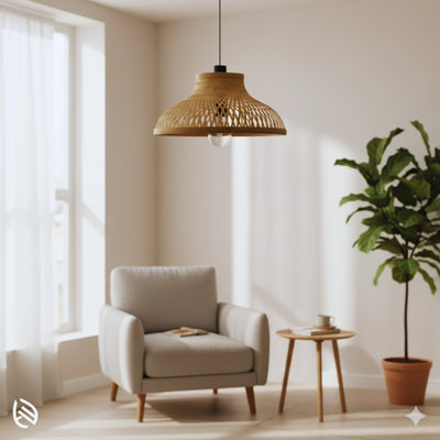 EcoLoom flared bamboo pendant in minimal living room near armchair and plant, soft daylight.