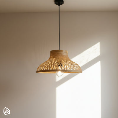 Sunlit EcoLoom bamboo pendant light with flared cane lattice shade and exposed E27 bulb.