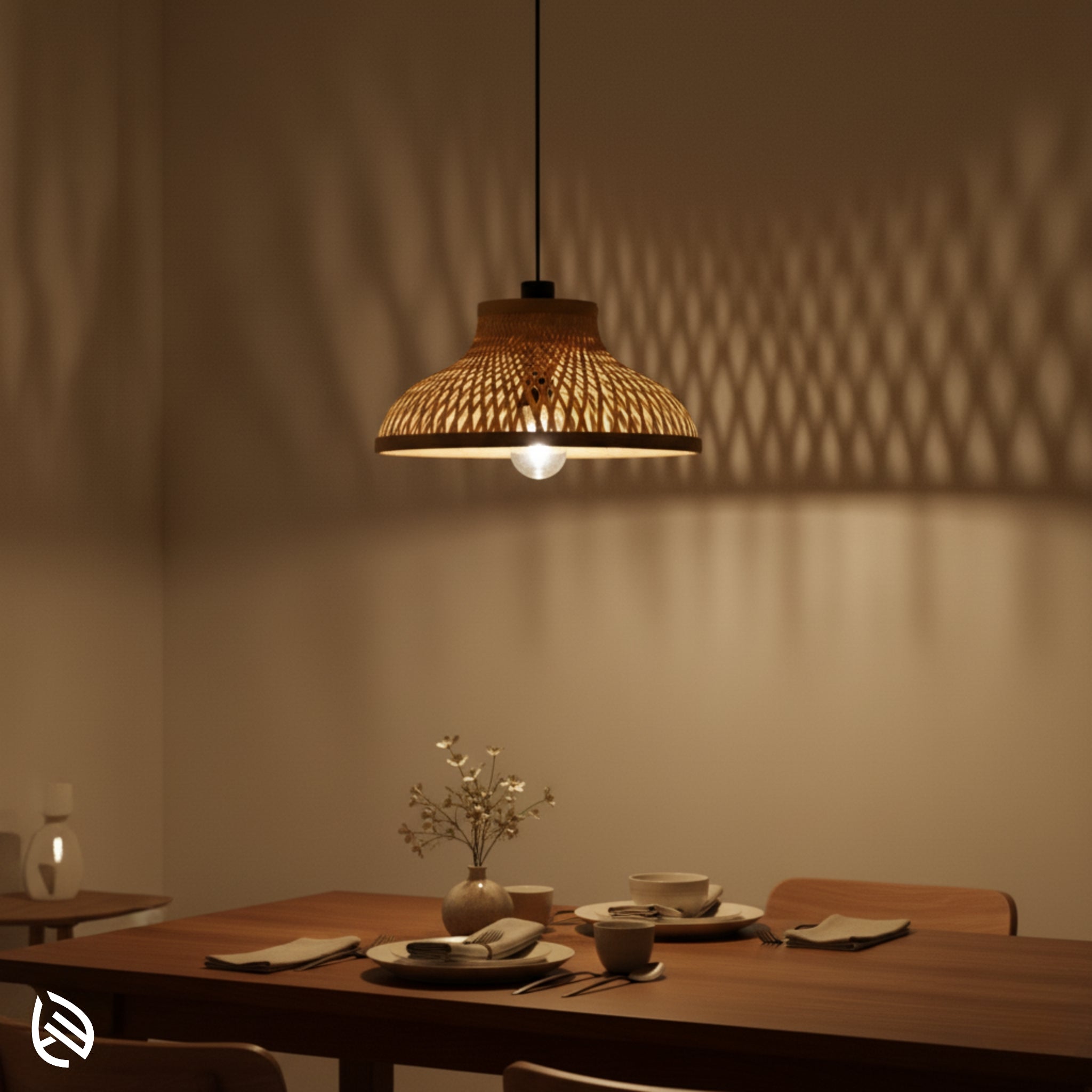 EcoLoom bamboo dining pendant over table, warm ambient glow with diamond shadow patterns.