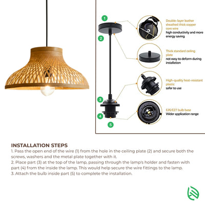 Installation steps infographic for EcoLoom pendant—ceiling canopy, cord, E27/E26 holder assembly.
