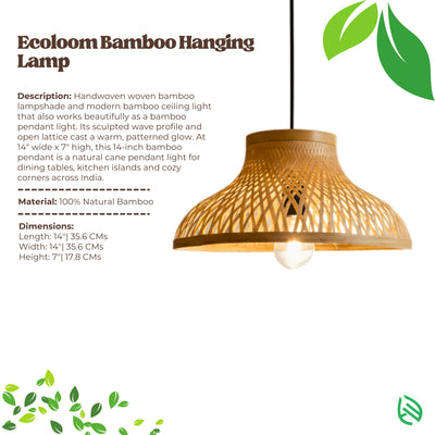 EcoLoom Bamboo Hanging Lamp product card with description, natural bamboo material and size.