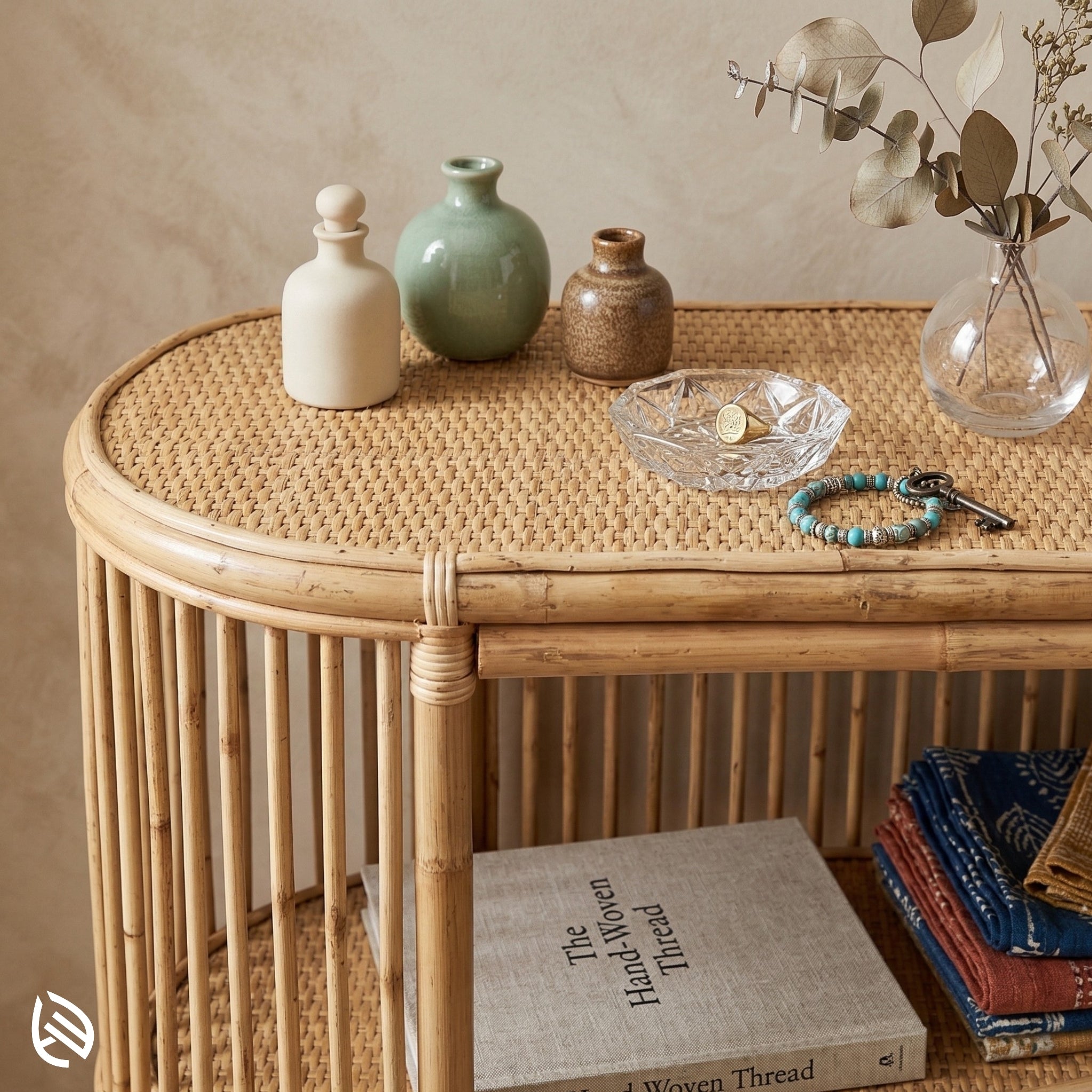 Rattan console table with woven top styled with ceramic vases and book