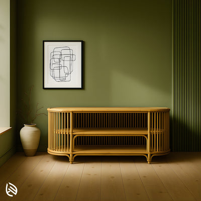 Entertainment Center Rattan TV Console - natural rattan, rounded-end three-tier media stand with slatted sides and shelf, modern boho TV unit.