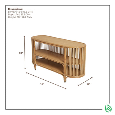 Entertainment Center Rattan TV Console dimensions - 46in length x 14in depth x 30in height, natural rattan three-tier media stand.