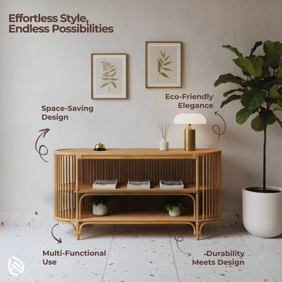 Entertainment Center Rattan TV Console - eco-friendly natural rattan, space-saving oval design, multi-functional three-tier shelving.