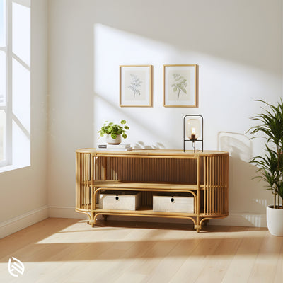 Natural rattan TV console in bright living room - Entertainment Center Rattan TV Console with open shelves for baskets and décor.