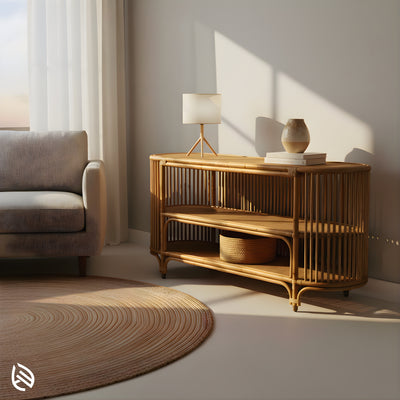 Entertainment Center Rattan TV Console styled by sofa - oval-end, three-tier natural rattan media stand with airy slatted sides.
