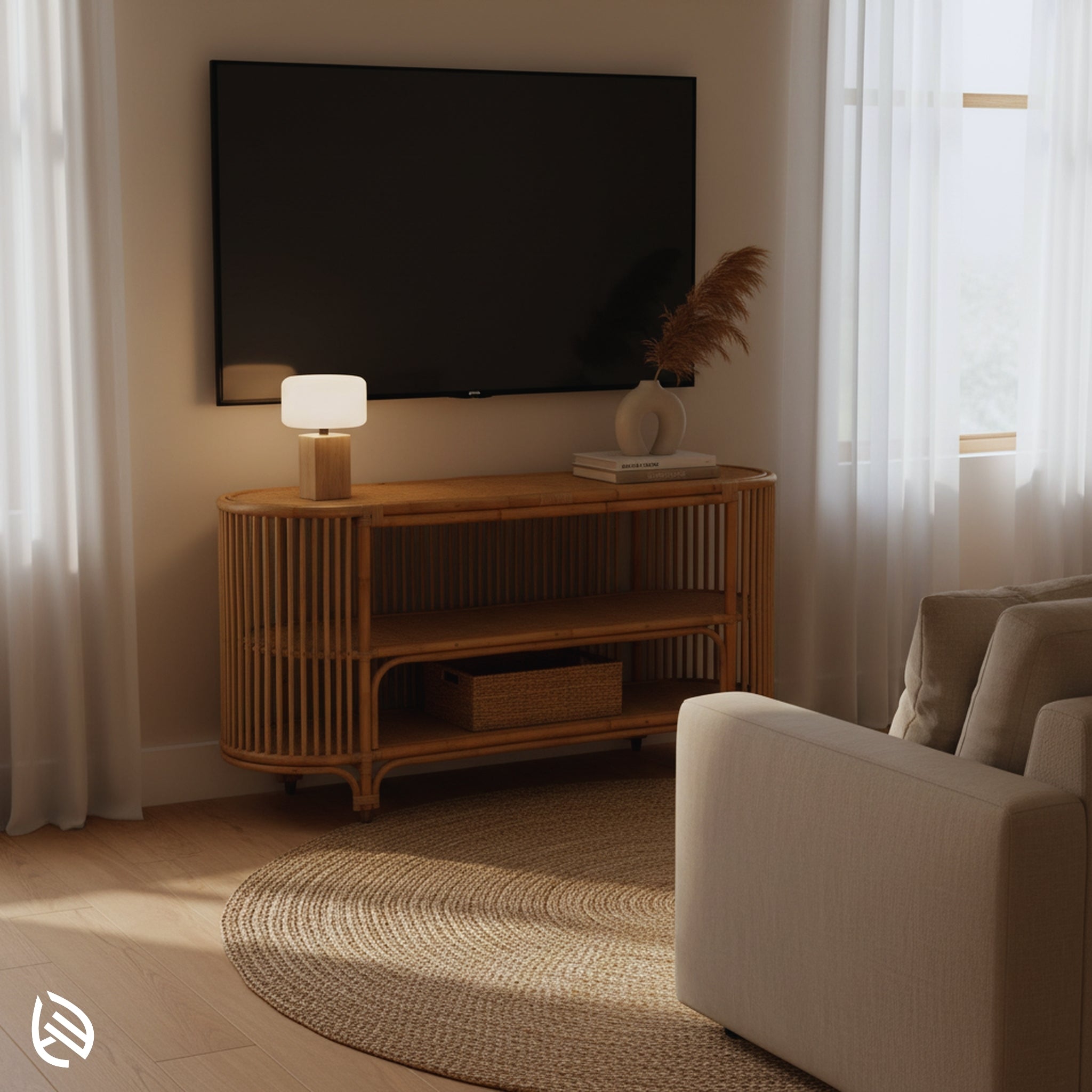 Rattan TV stand under wall-mounted TV - Entertainment Center Rattan TV Console with open storage shelves in cozy neutral room.