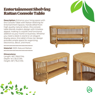 Entertainment Center Rattan TV Console product sheet - 100% natural rattan, three shelves, rounded corners, modern media console.