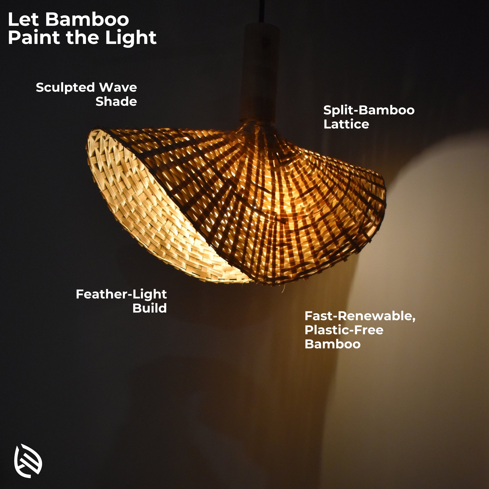 Feature callouts: wave shade, feather-light, plastic-free bamboo