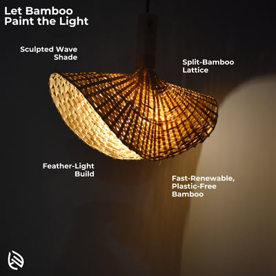 Feature callouts: wave shade, feather-light, plastic-free bamboo