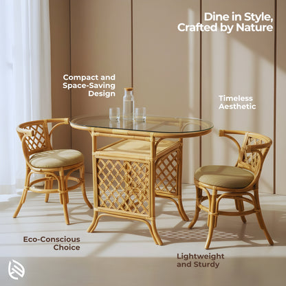 Feature graphic: Twisted Twine Glass Top Table Set - natural rattan 2-seater with oval glass top, lattice/twisted-twine detailing; compact, lightweight, timeless style.
