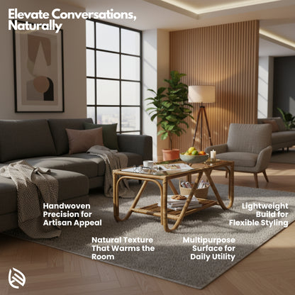Natural rattan ‘Tropical Living Center Table’ in a modern lounge; glass top, lower rattan shelf; lightweight, handwoven, multipurpose design.