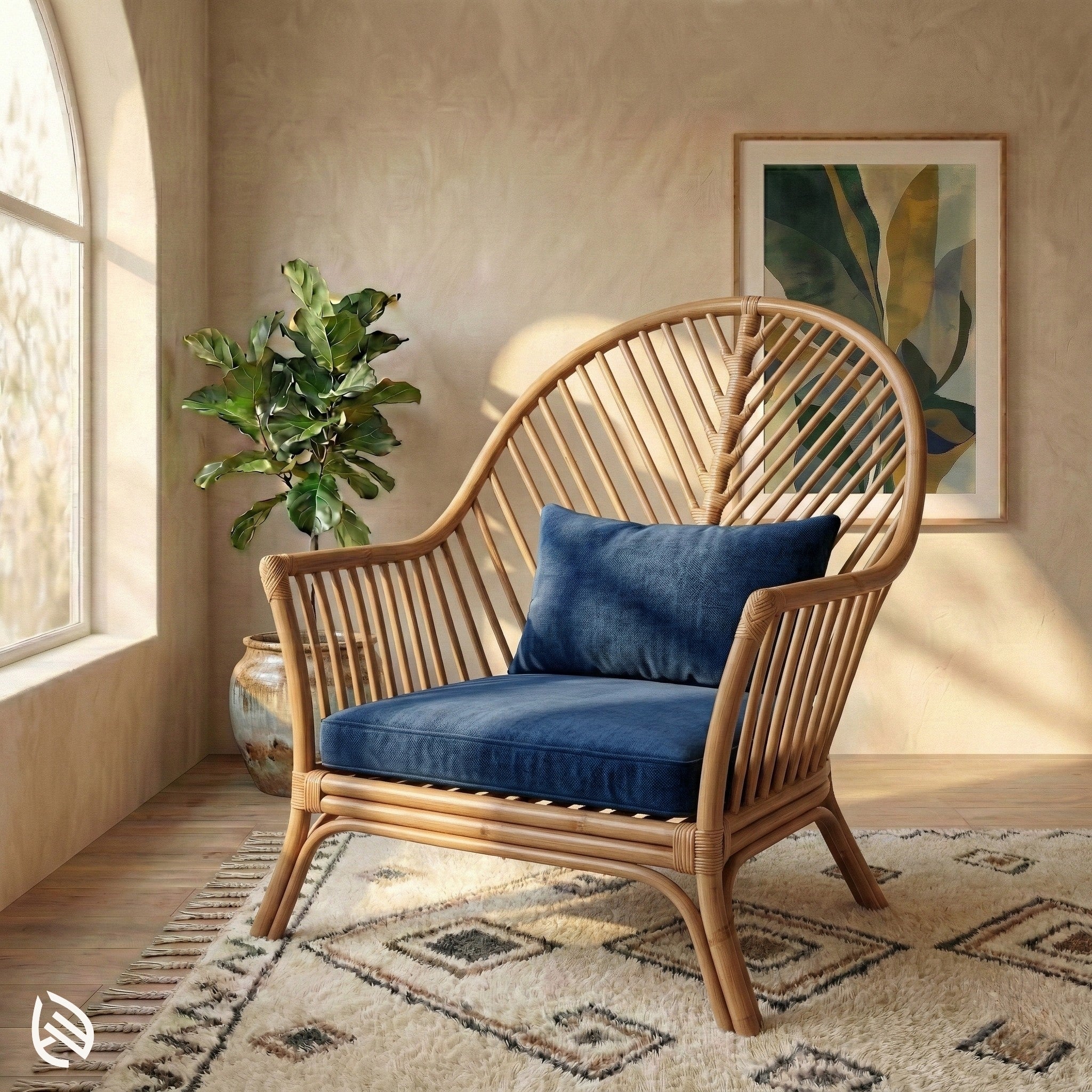 Wicker chair with blue cushions in a room with a plant and artwork on the wall.