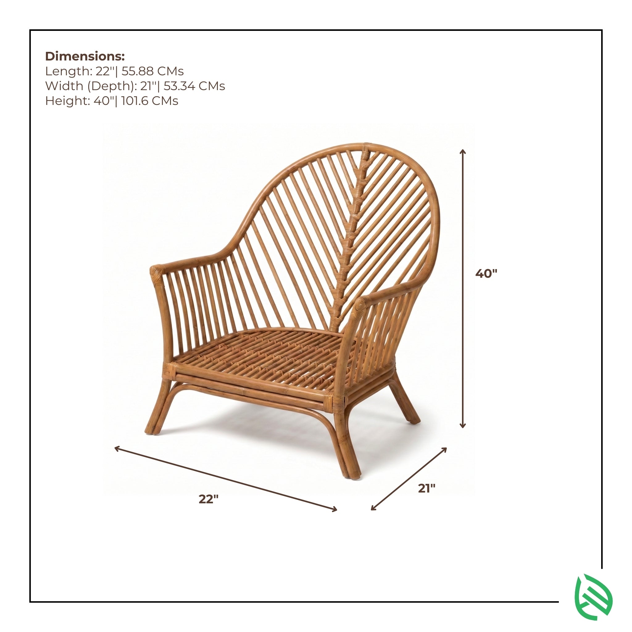 Wicker chair with dimensions labeled on a white background