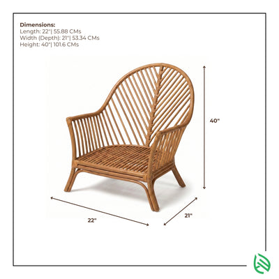 Wicker chair with dimensions labeled on a white background