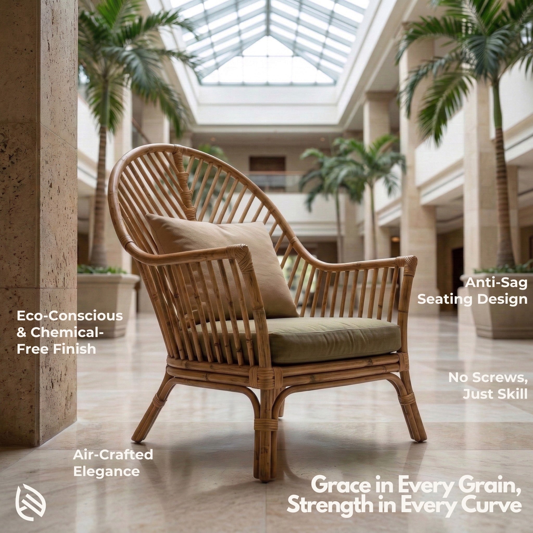Wooden armchair in a modern building atrium with text highlighting features.