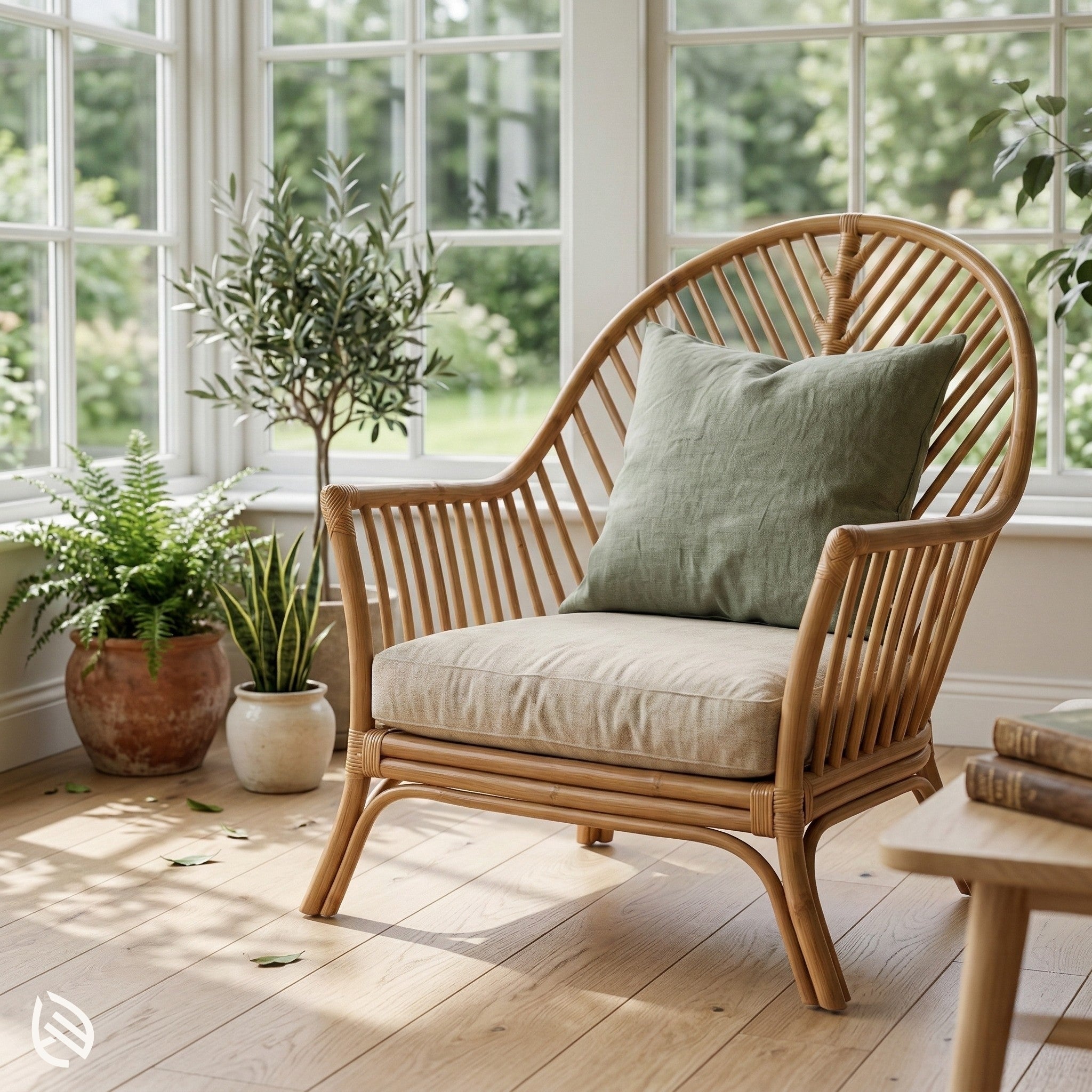 Wicker chair with a cushion in a sunlit room with plants