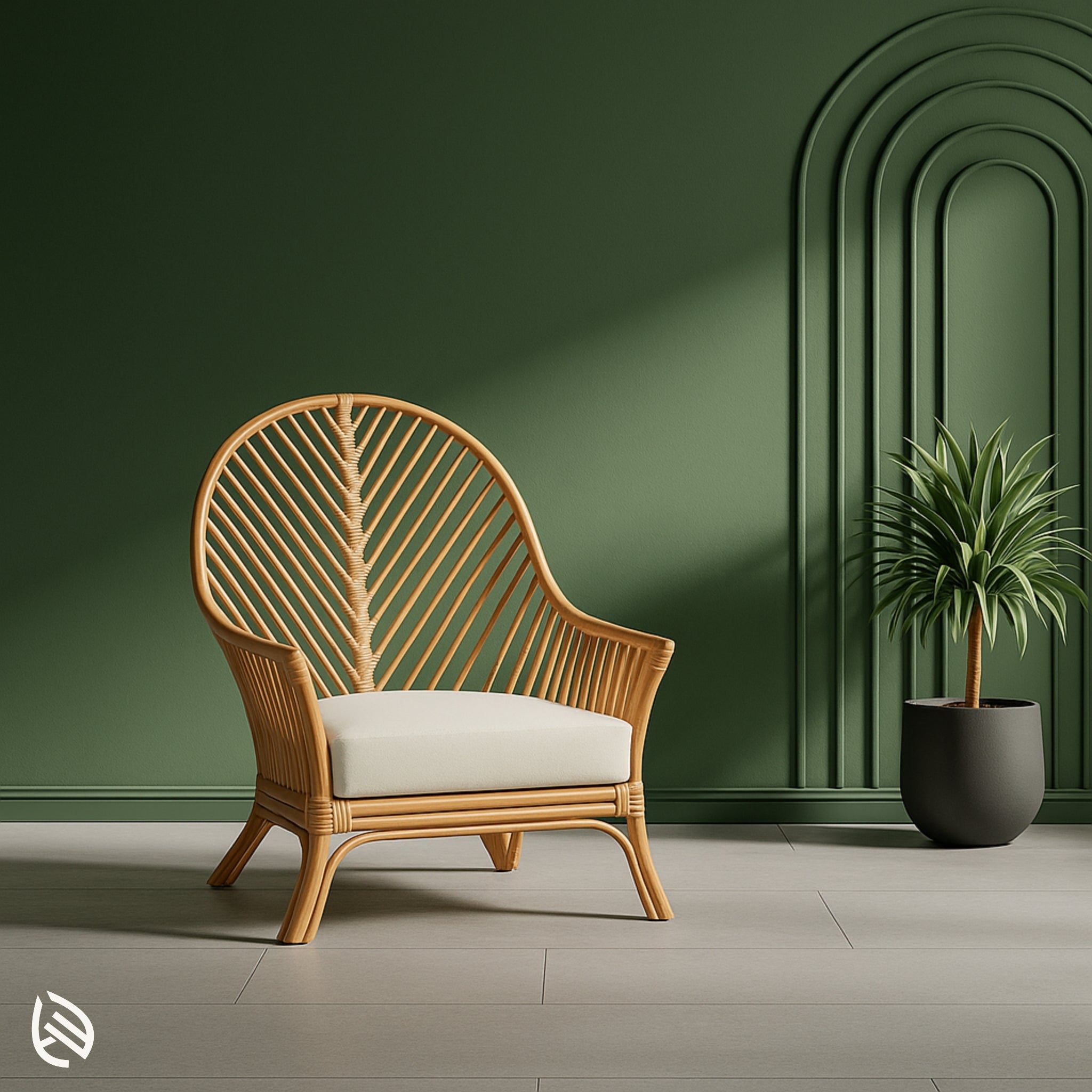 Fishtail Fern rattan arm chair with leaf back and white cushion in green living room