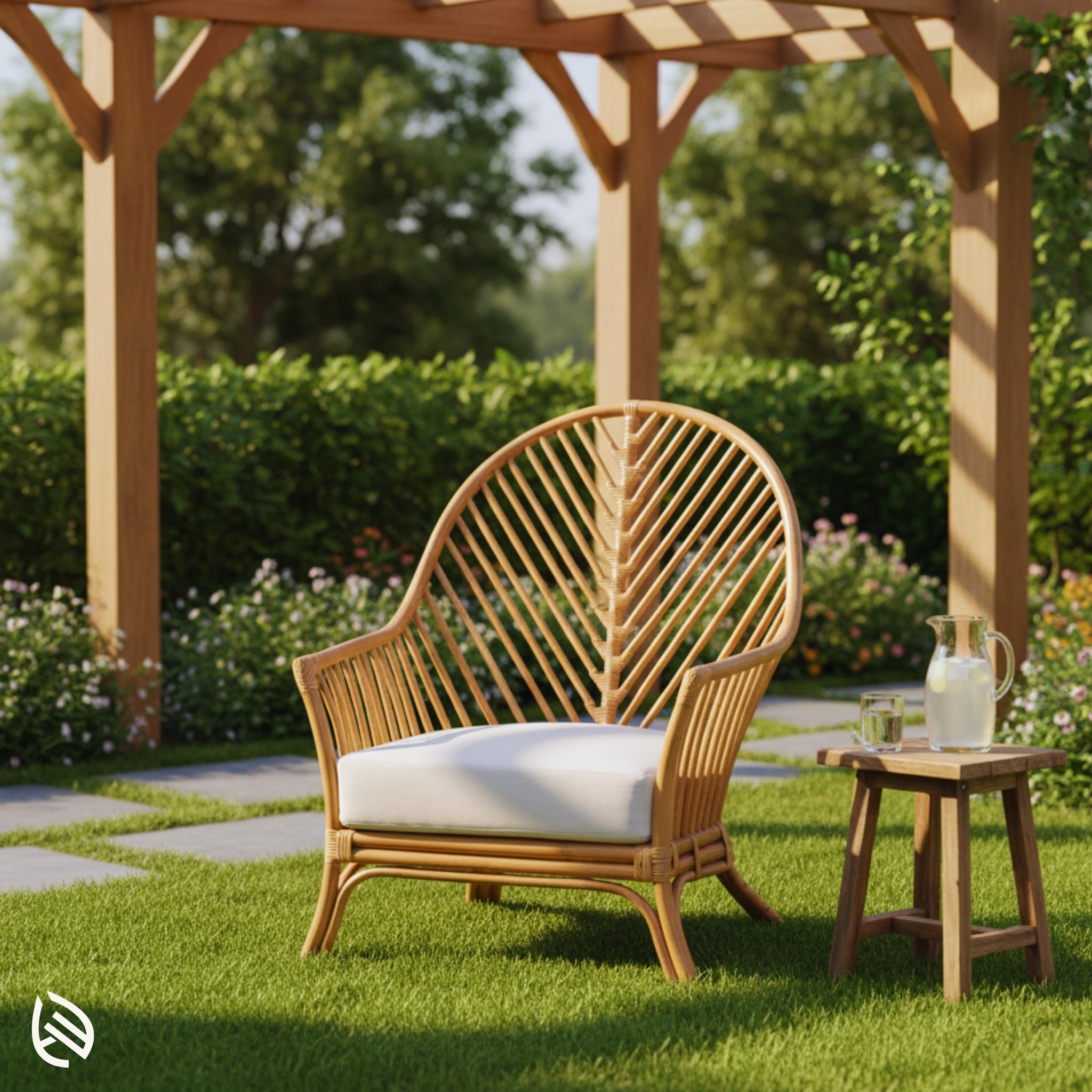 Natural rattan leaf-back cane chair outdoors under pergola with side table