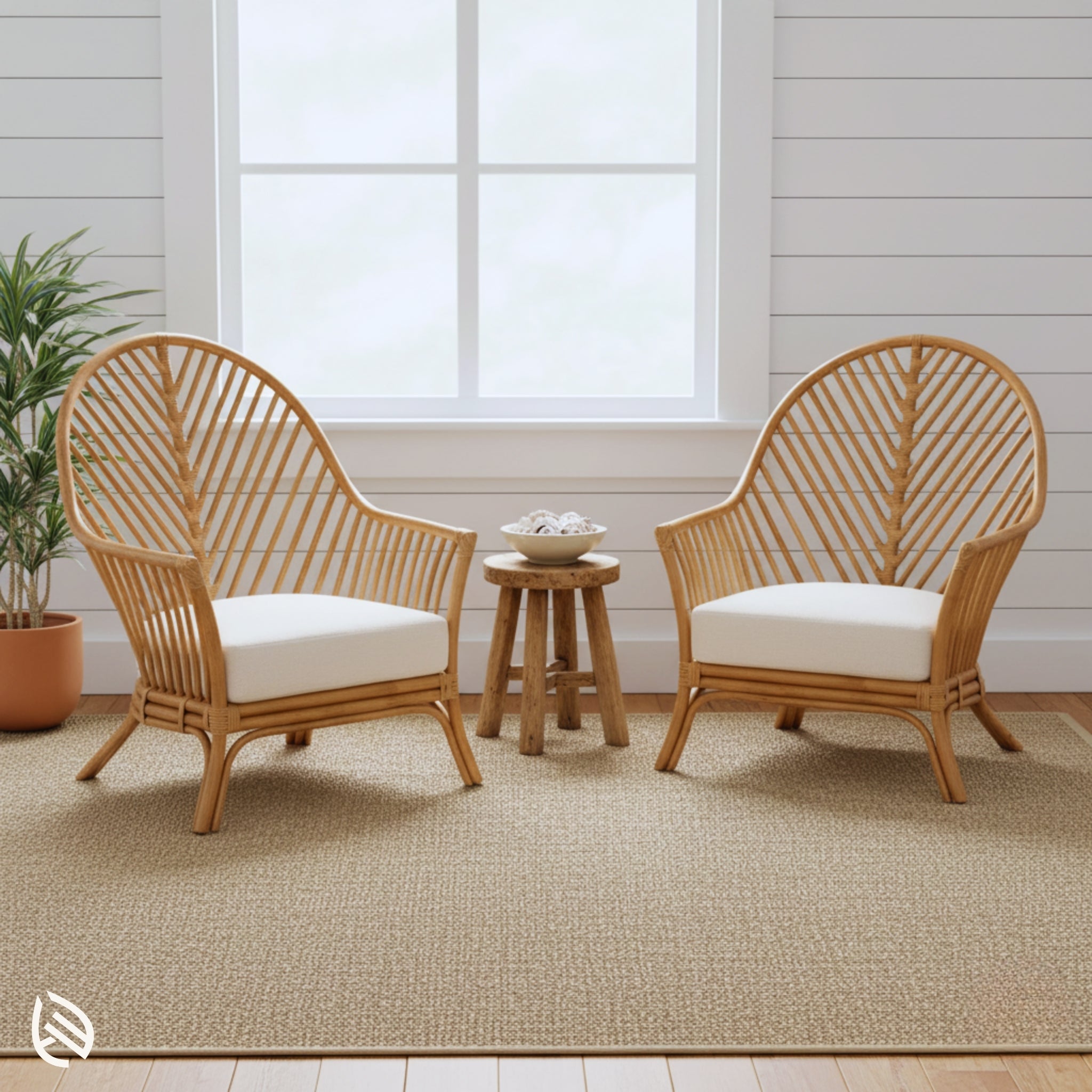 Pair of leaf-back rattan lounge chairs styled in bright living room