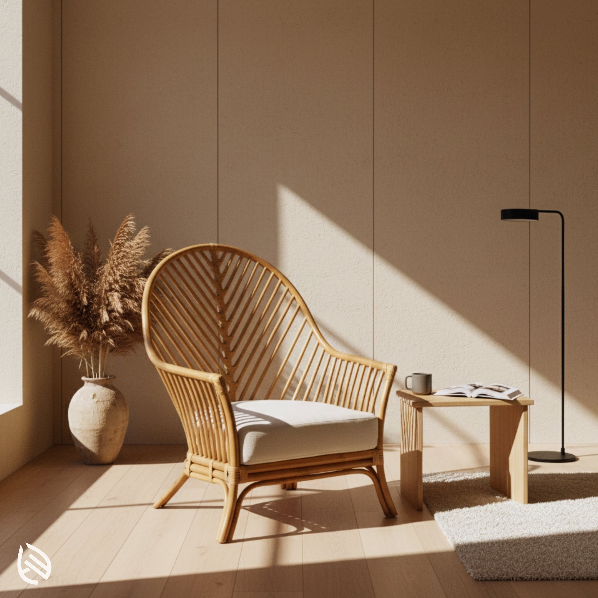 Rattan accent chair in warm sunlit corner with pampas vase and side table