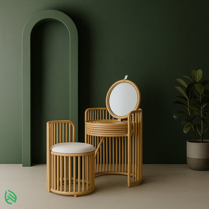Round rattan vanity mirror set with stool