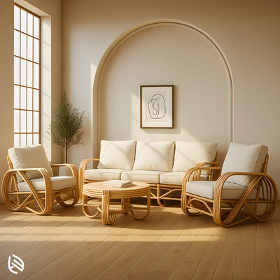Fusion Rattan Sofa Set (3+1+1) in natural rattan with cream cushions and round rattan coffee table in a sunlit modern living room.