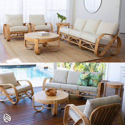 Indoor and poolside scenes showcasing the Fusion Rattan Sofa Set with plush cream cushions and matching round rattan coffee table for indoor/outdoor use.