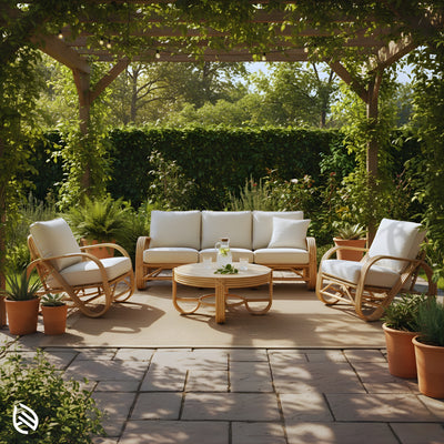 Fusion Rattan Sofa Set arranged under a garden pergola; natural rattan frames with comfortable cream cushions for stylish outdoor seating.