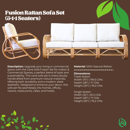 Specification card for Fusion Rattan Sofa Set (3+1+1): 100% natural rattan, modern handcrafted design, dimensions listed for triple and single seaters.
