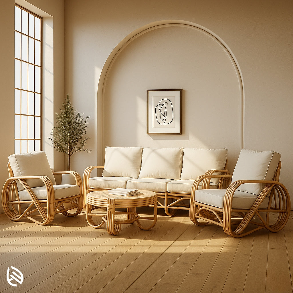 Three-piece rattan sofa set with plush cream cushions and rounded armrests, handcrafted for cozy living rooms or patios