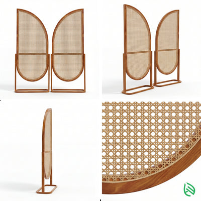 Wicker screen with wooden frame on a white background