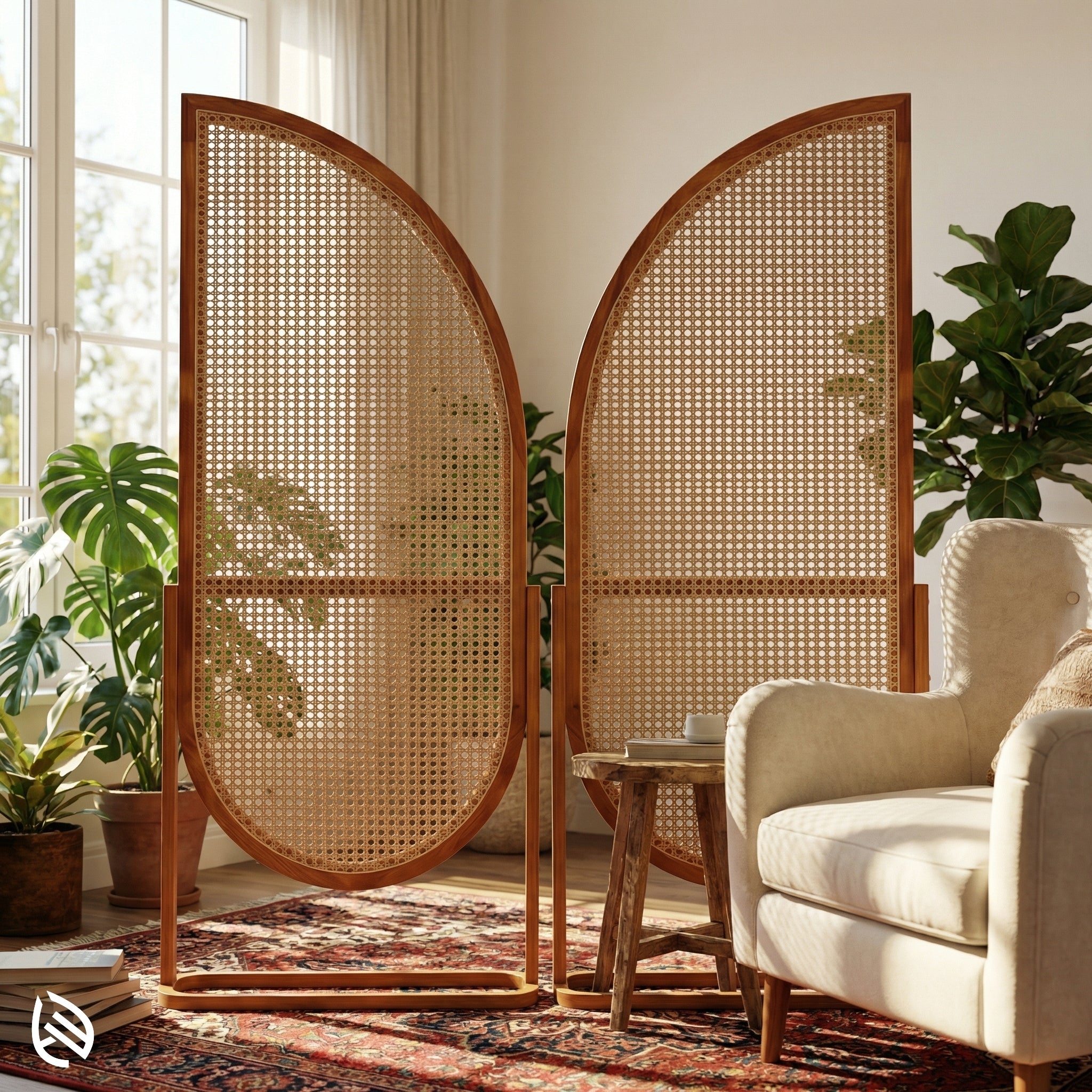 Woven room divider in a living room with a chair and plants