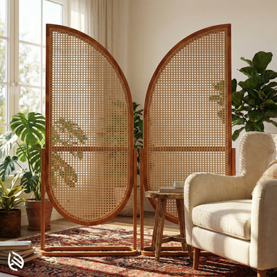 Woven room divider in a living room with a chair and plants