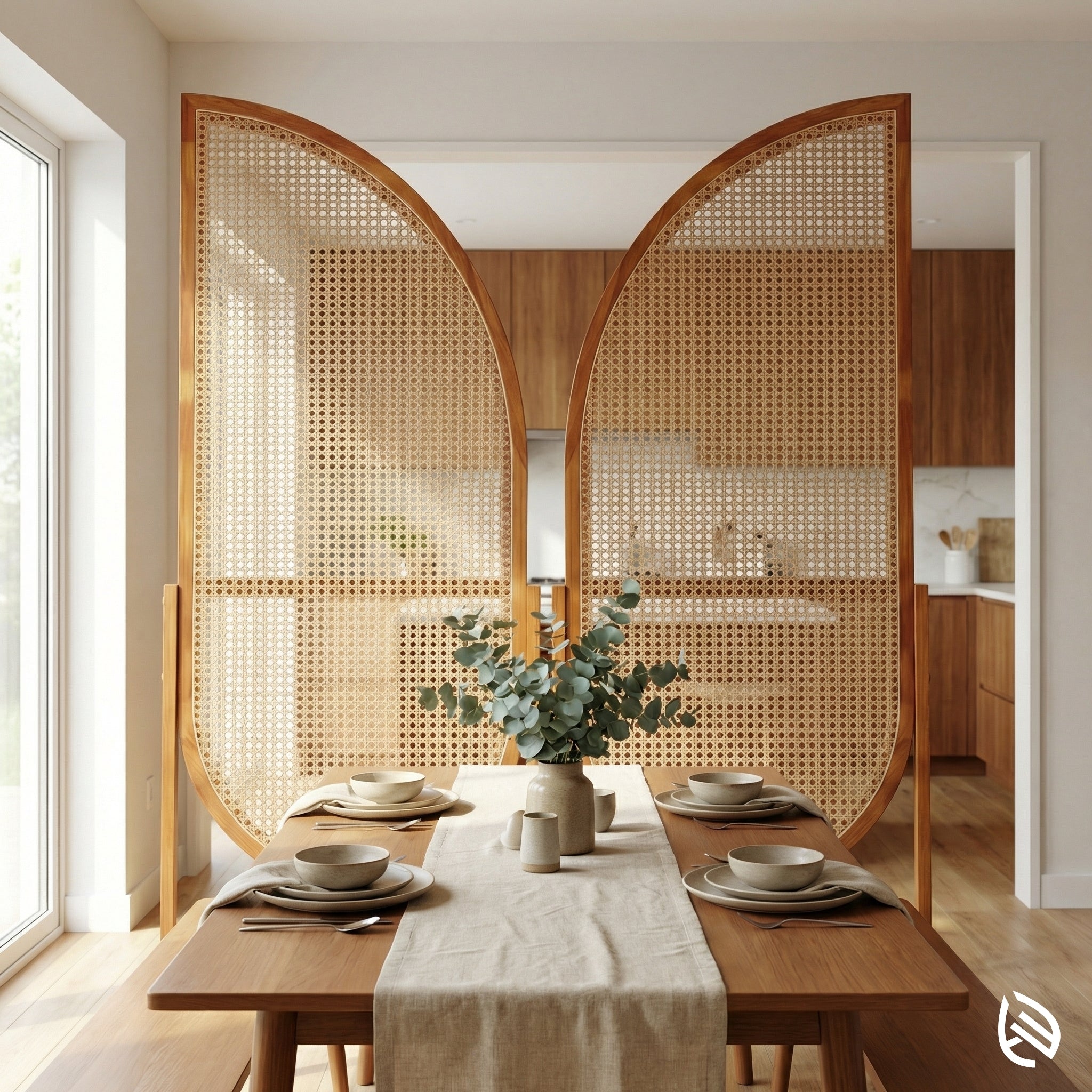 Dining room with a wooden table set for four, featuring a decorative screen with woven design.