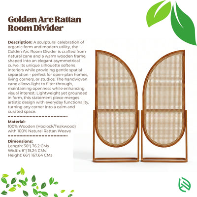 Golden Arc Rattan Room Divider with product details on a white background