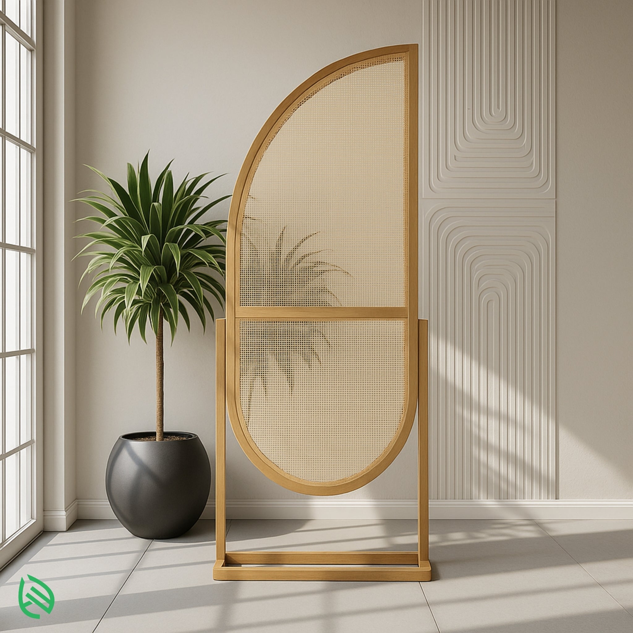 Golden Arc arched rattan room divider by window; handwoven cane, wooden frame, tray base.