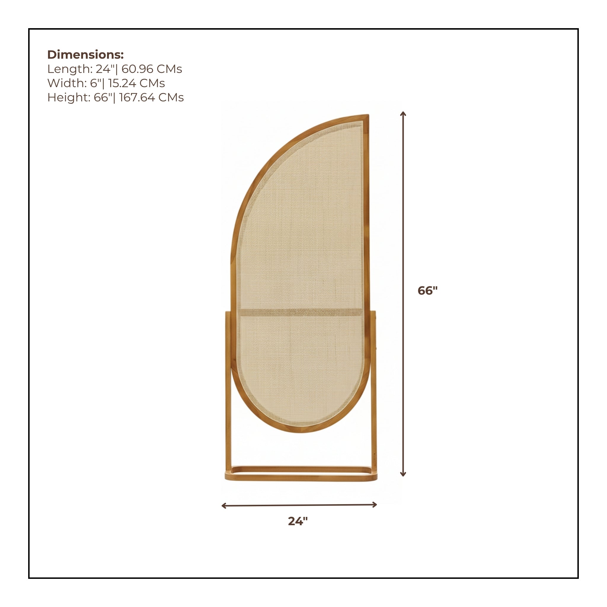 Dimension Card - Measurement chart of a half-circle mirror with dimensions labeled 