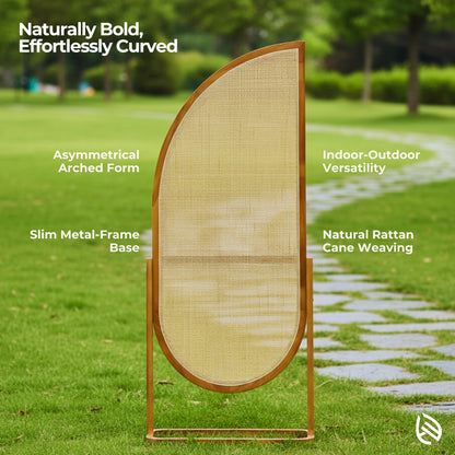Feature graphic - arched rattan divider; indoor - outdoor versatility, natural cane weaving.