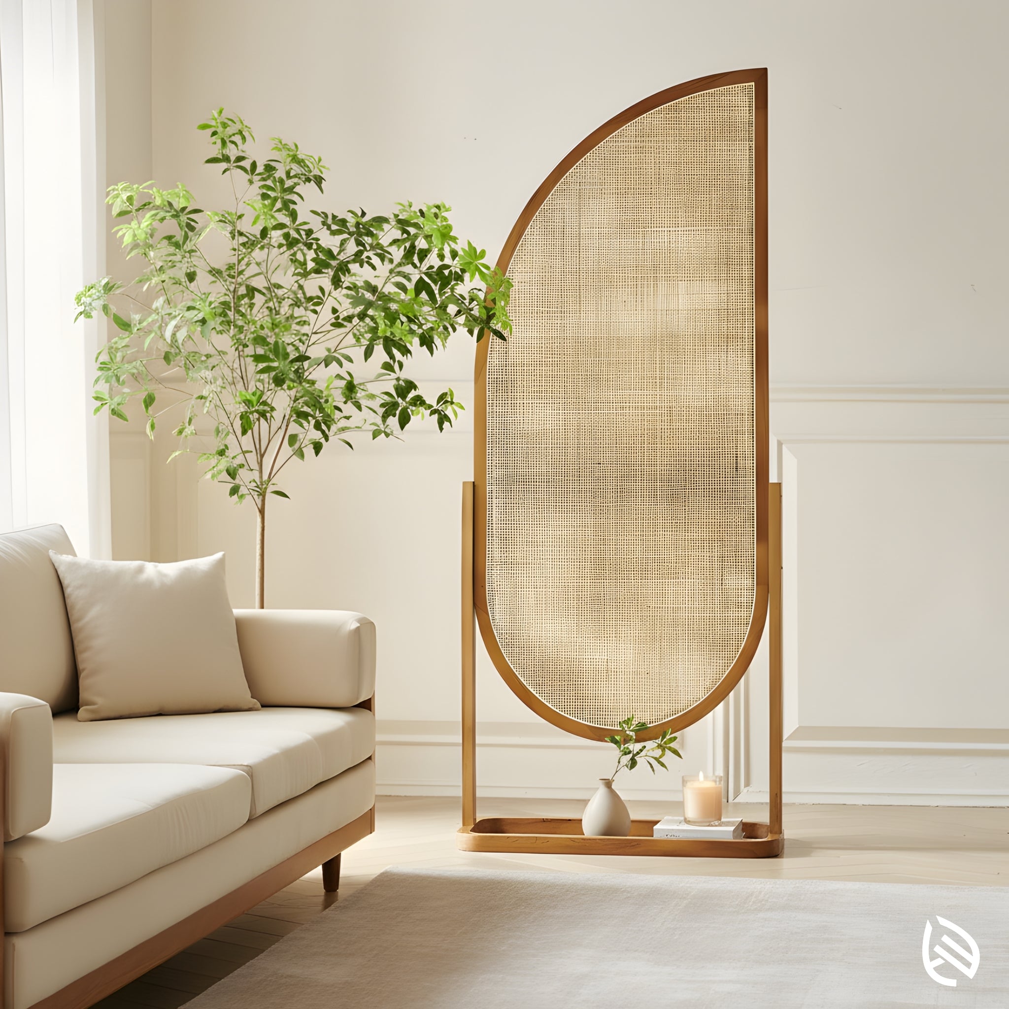 Asymmetrical cane room divider styling a neutral living room; Japandi rattan partition.