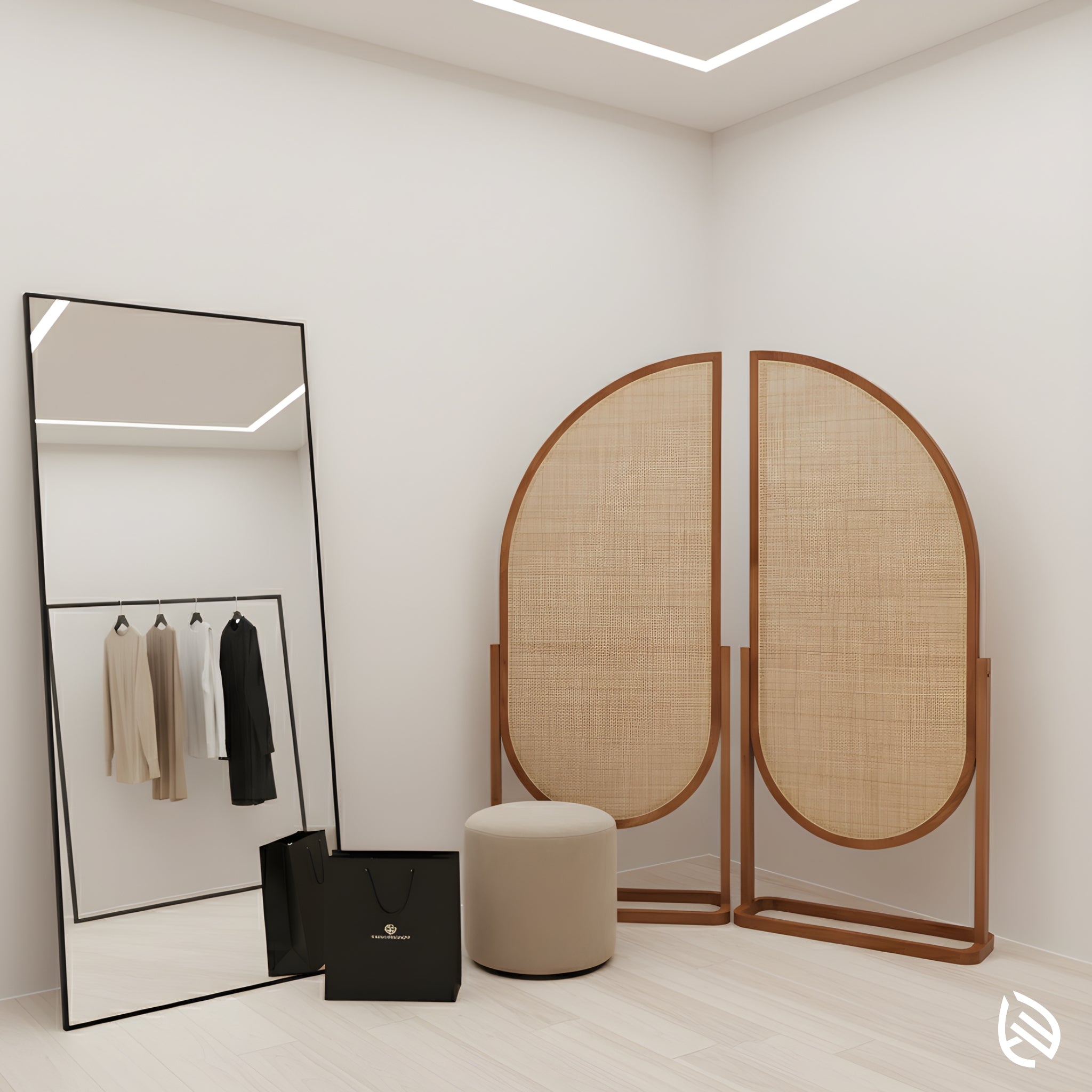 Pair of Golden Arc rattan floor screens in dressing area; curved wooden frames.